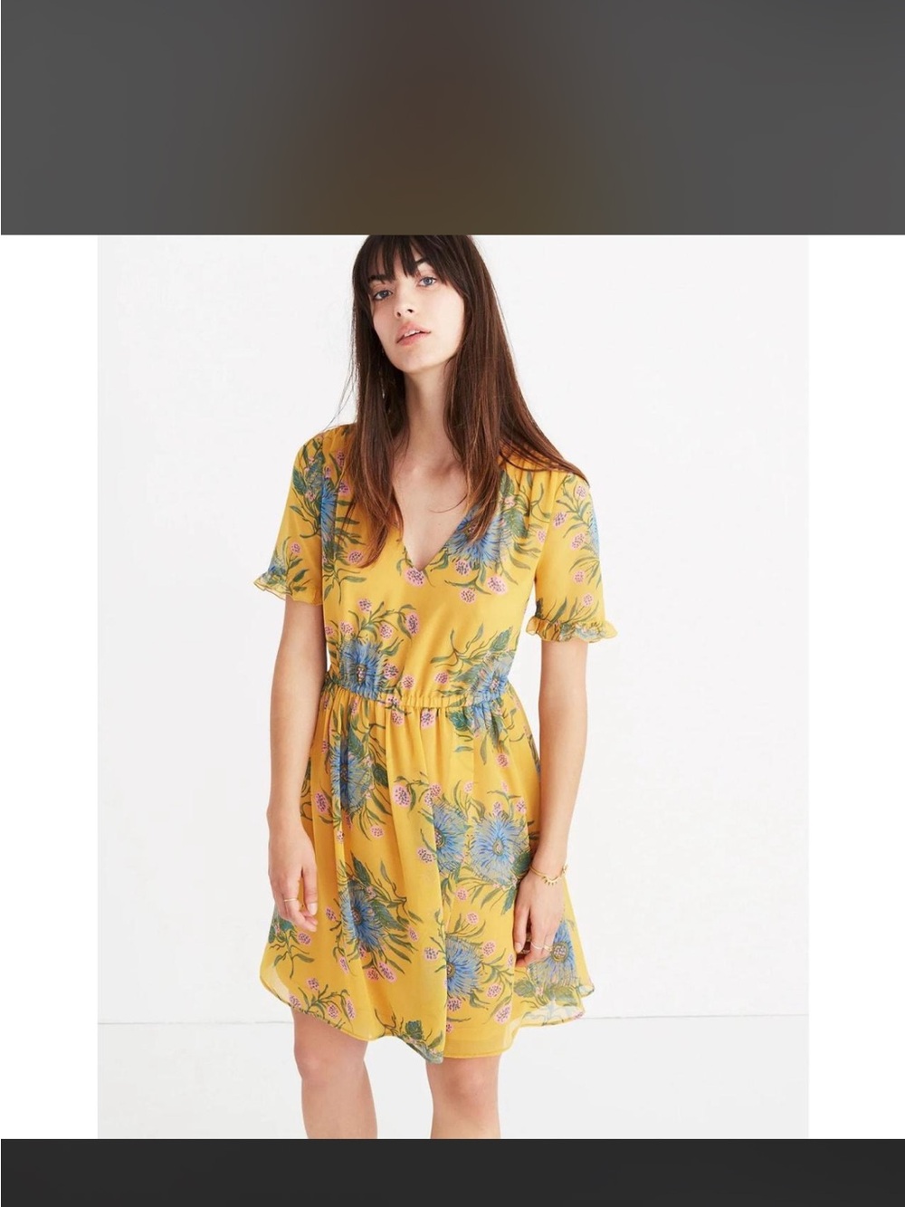 Madewell Mustard Floral V-Neck Mini Dress
